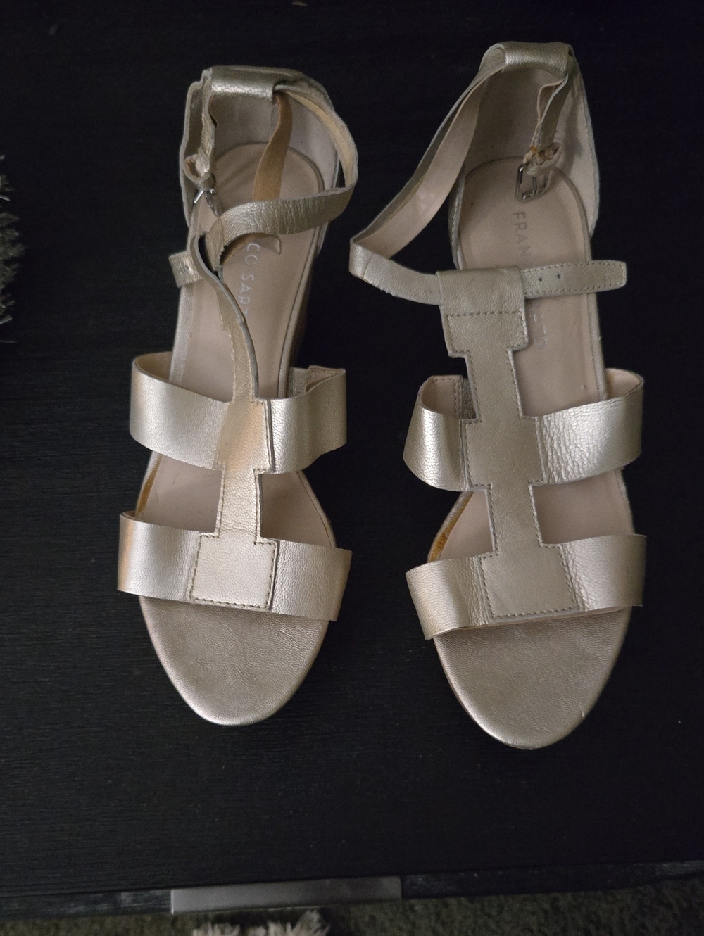 Franco Sarto Metallic Gold T-Strap Leather Sandals